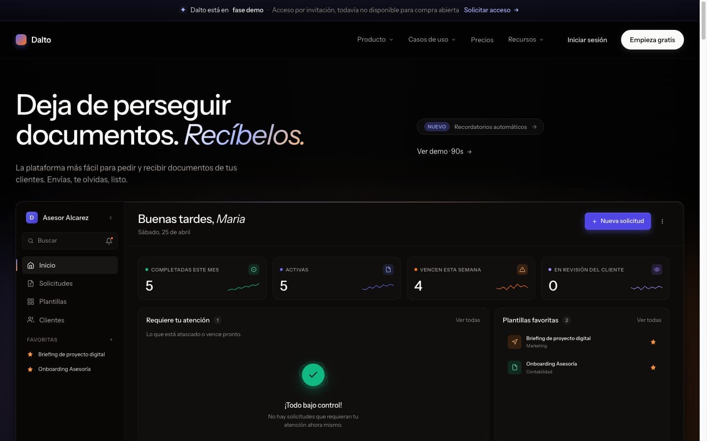 Panel de DALTO — vista del asesor con solicitudes y estados